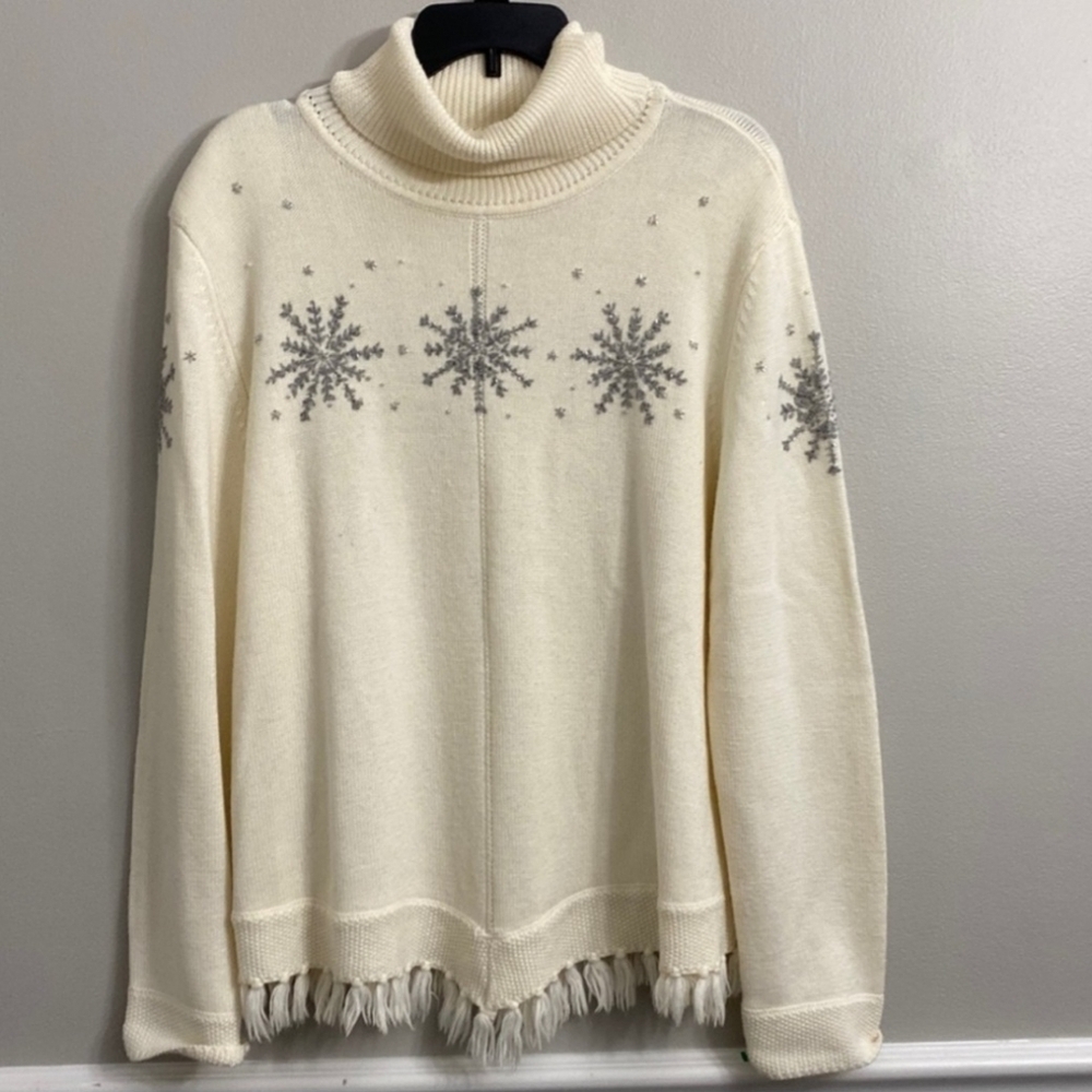ALFRED DUNNER Cream Knit Cowl Neck Snowman Sweater Tassel Fringe Hem Women's M